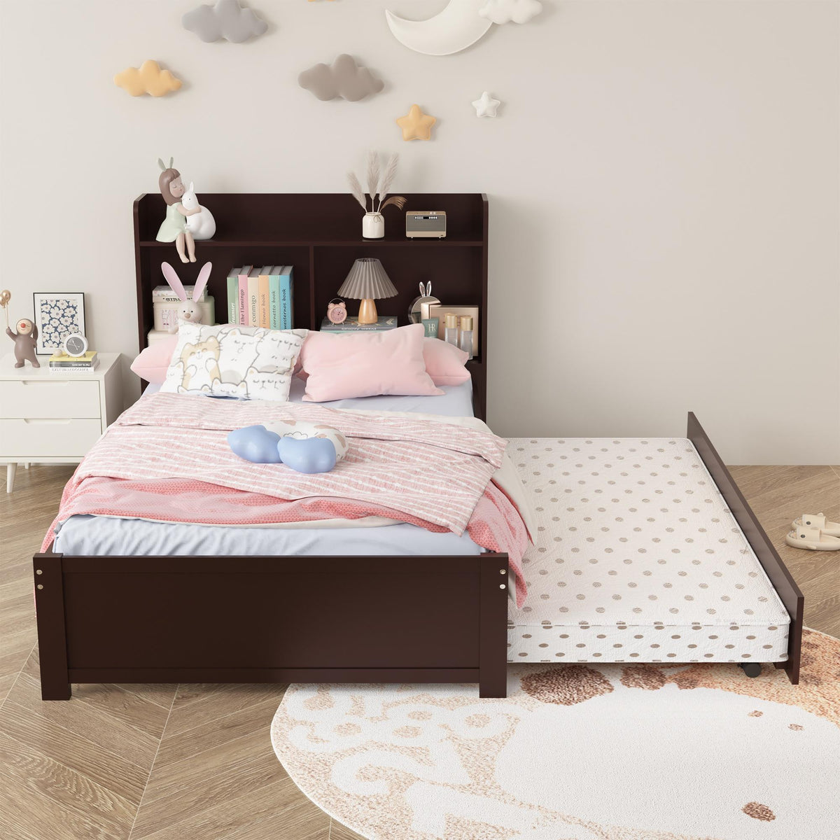 Twin Bed Frame with Trundle and Storage Bookcase, Solid Wood, Espresso Q31391