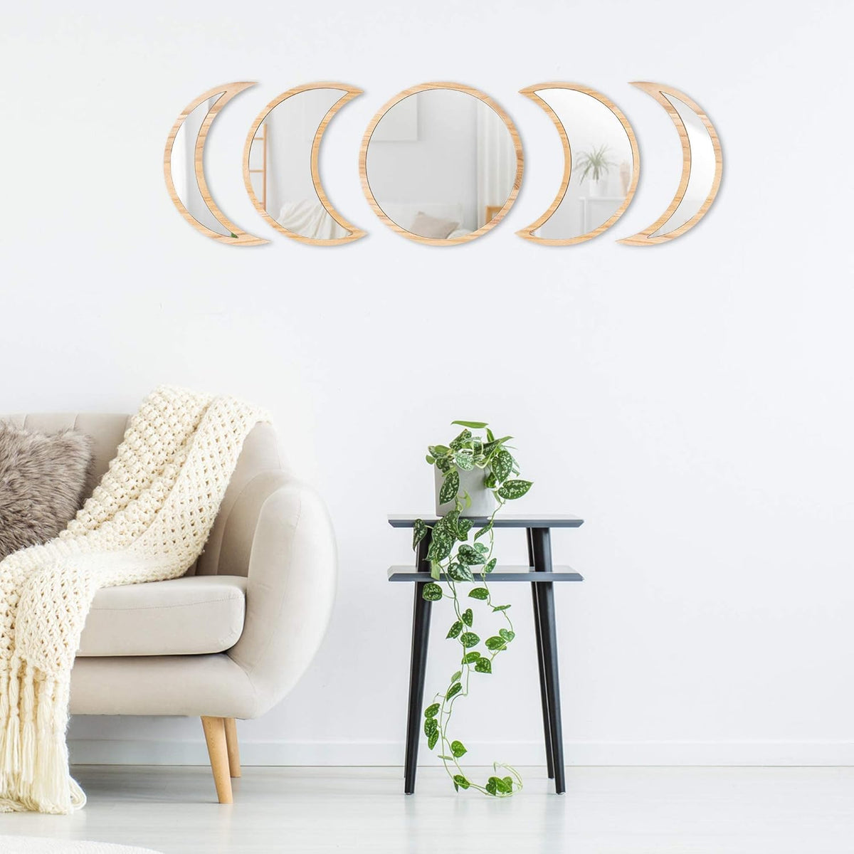 Scandinavian Moon Phase Mirror Set Glass Wood Frame R1485
