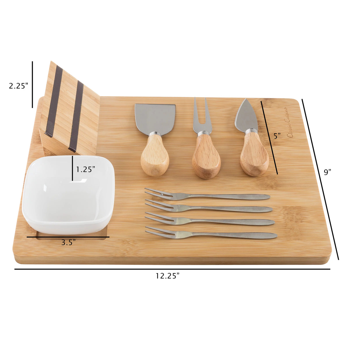 9 Piece Bamboo Cheese Serving Tray Set with Stainless Steel Cutlery and Dip Dish R19924