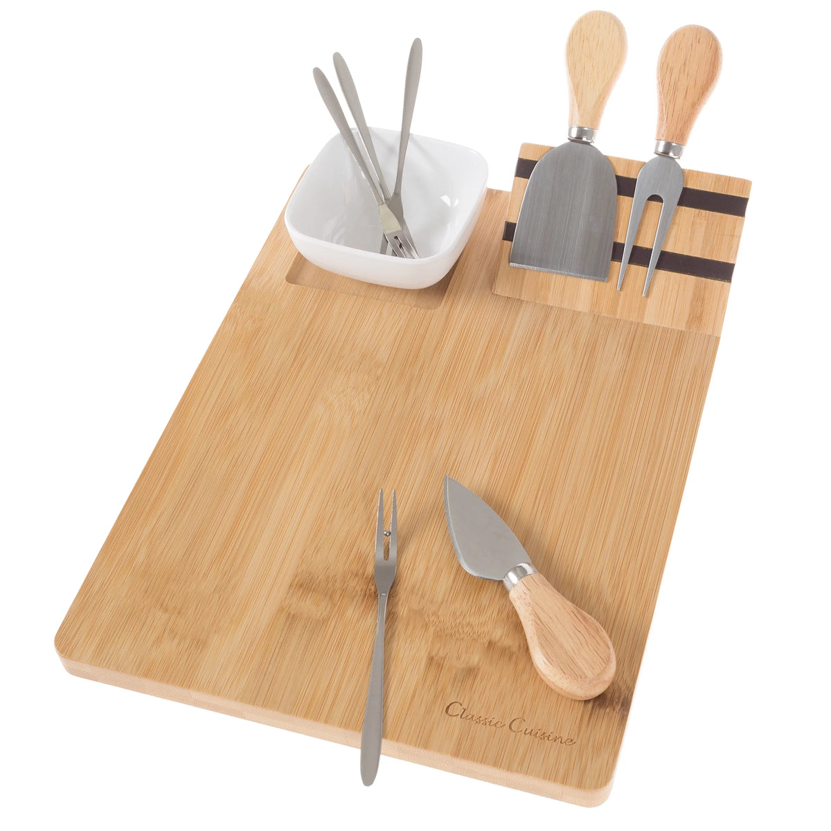9 Piece Bamboo Cheese Serving Tray Set with Stainless Steel Cutlery and Dip Dish R19924