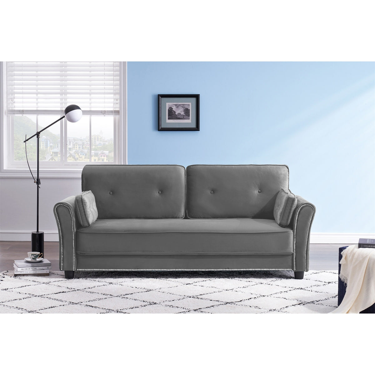 Grey Velvet Loveseat Sofa with Two Pillows C236512