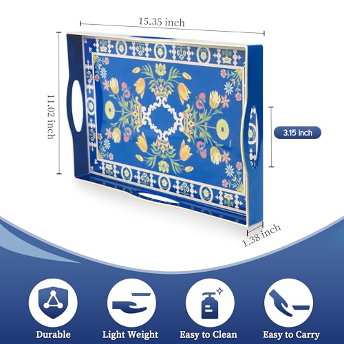 Blue Plastic Serving Tray with Handles, 15.7” x 10.2” x 1.37” U23412