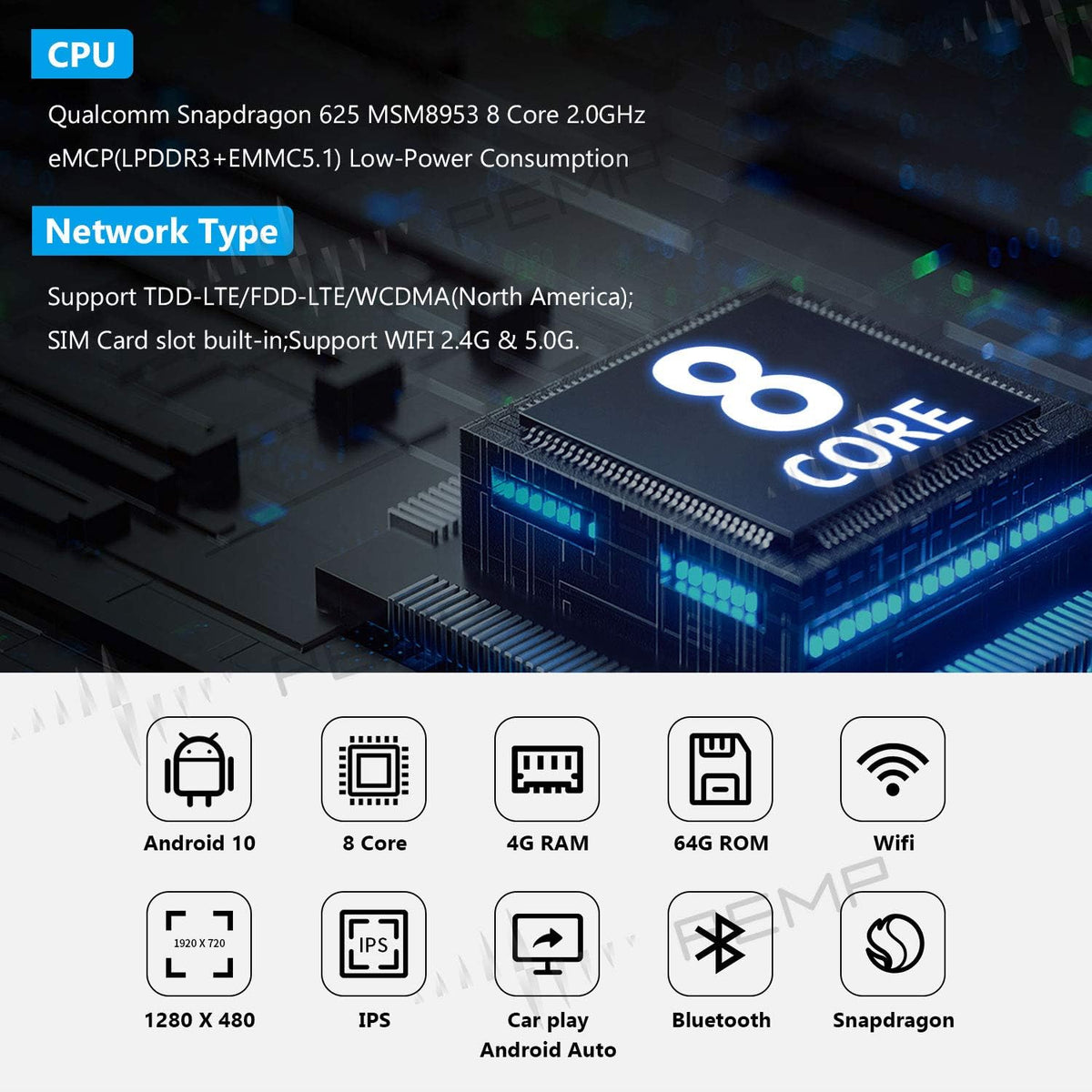 8.8 inch IPS Screen Android 10 Qualcomm 8-core 4+64G Carplay Head Unit Z9969