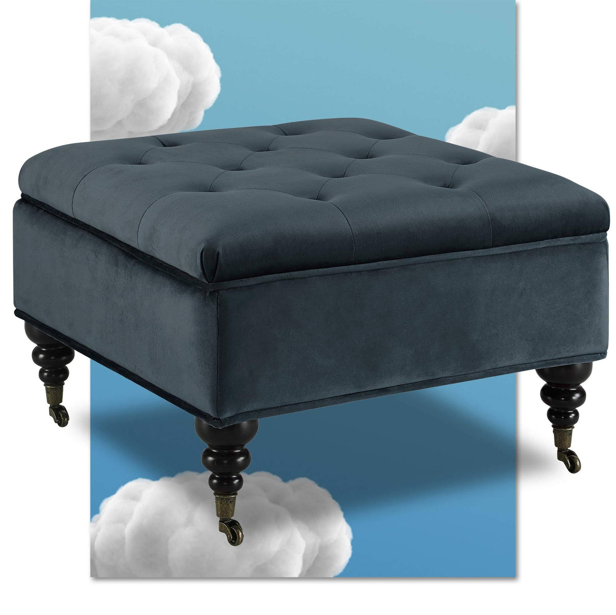 Blue Tufted Storage Ottoman with Casters U11016