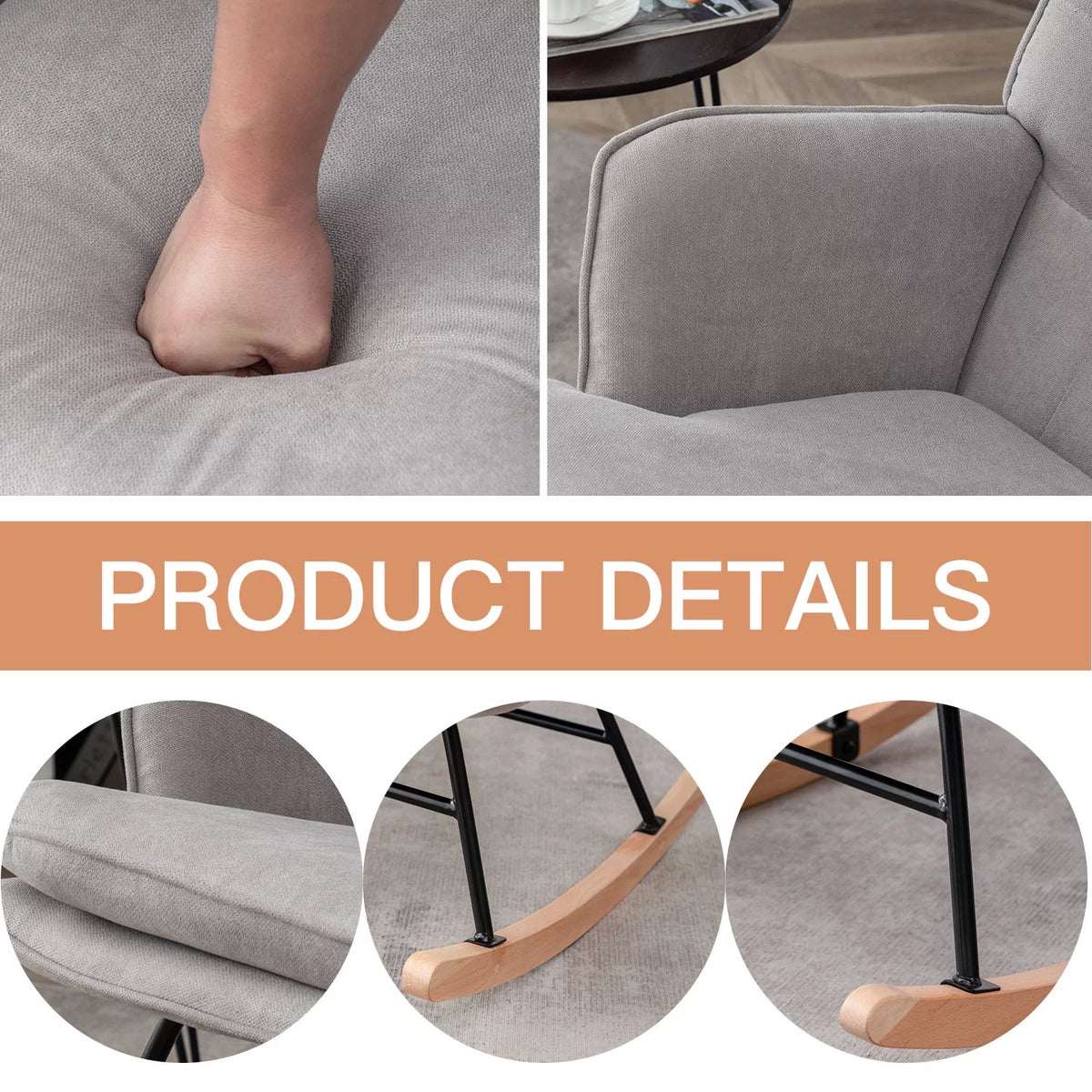 Gray Linen Fabric Rocking Chair with Ottoman E341