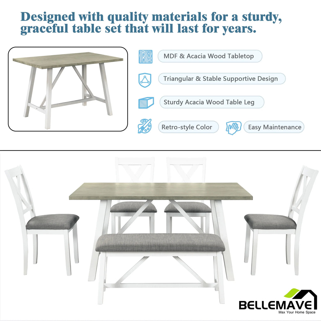 White 6 Piece Wood Counter Height Dining Table Set with 4 Chairs and a Bench R306