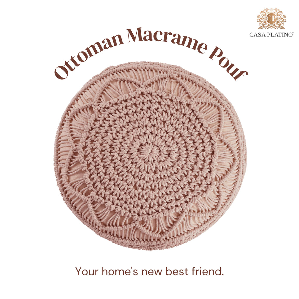 Dusty Pink Hand Knitted Macrame Pouf Ottoman O859157
