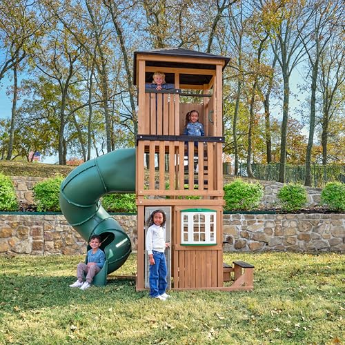Three-Story Wooden Outdoor Playhouse with Slide K3673