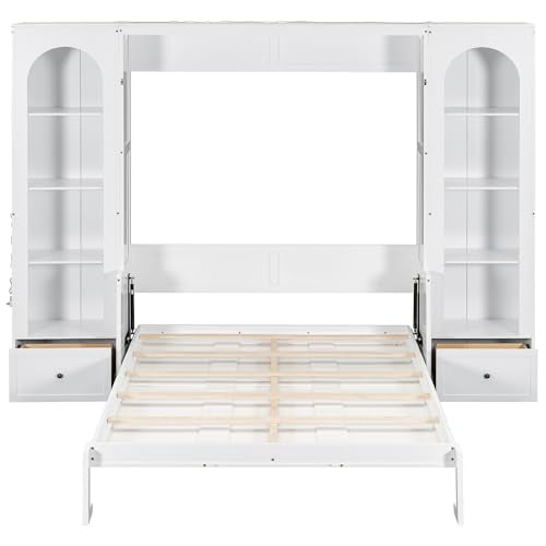 White Queen Size Wood Murphy Bed with Desk and Storage F695
