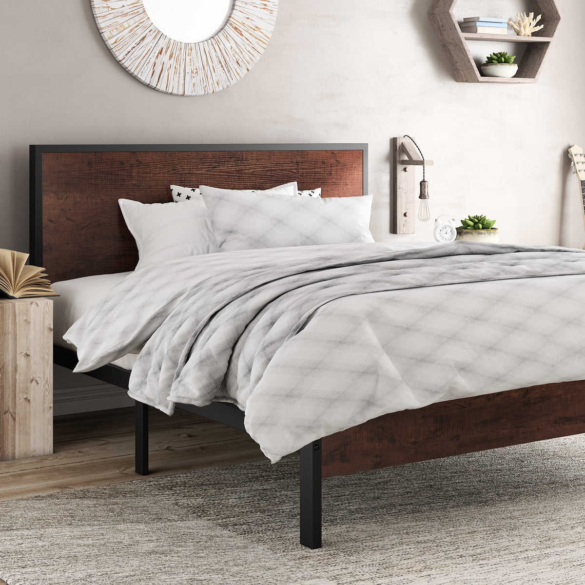 Heavy Duty Full Size Platform Bed Frame with Wood Headboard K238999