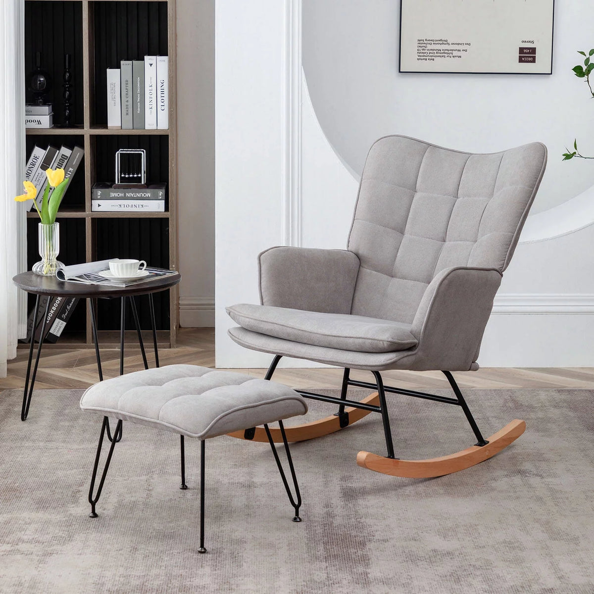 Gray Linen Fabric Rocking Chair with Ottoman E341