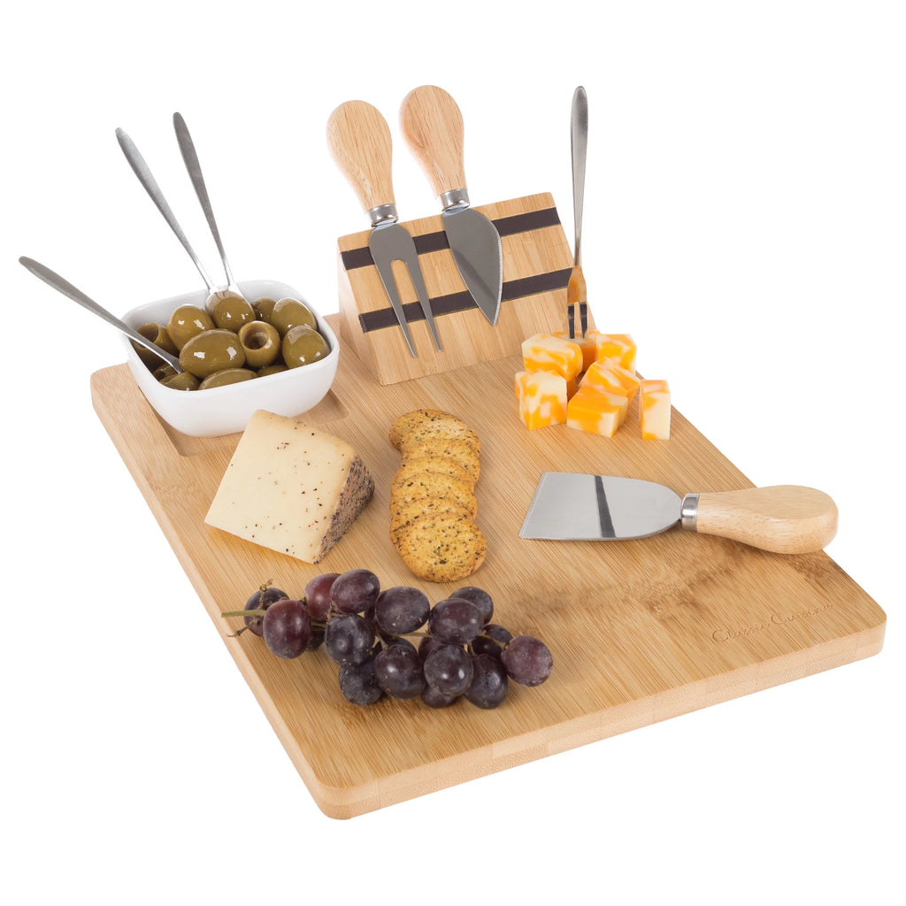 9 Piece Bamboo Cheese Serving Tray Set with Stainless Steel Cutlery and Dip Dish R19924