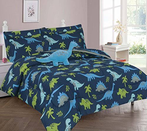 Full Size 8 Pieces Reversible Blue and Lime Green Dinosaur Microfiber Kids Comforter with Sheets K96443