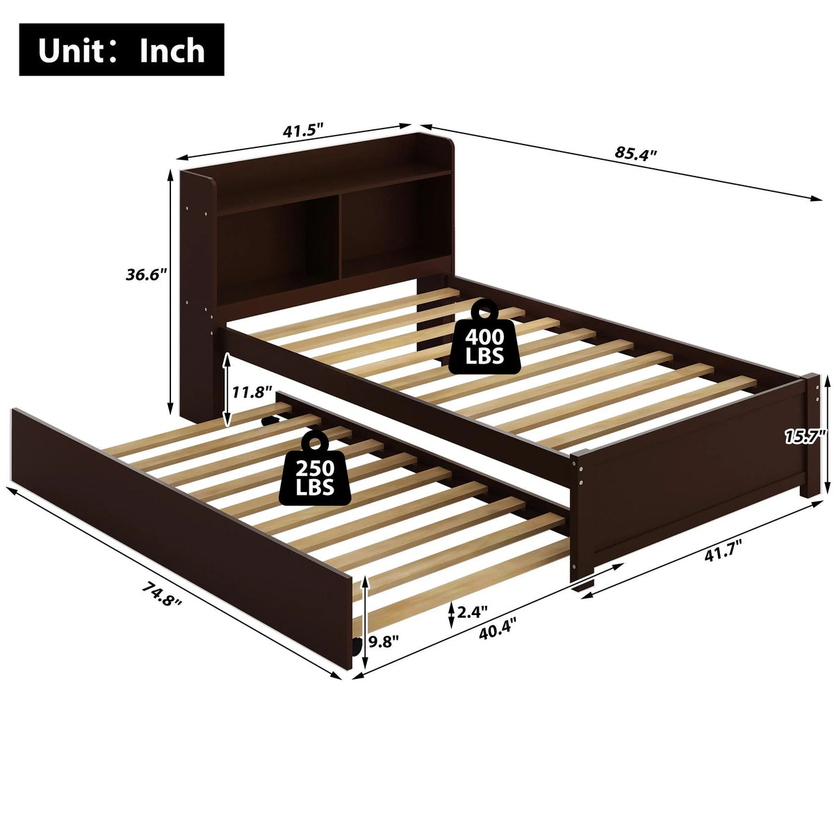 Twin Bed Frame with Trundle and Storage Bookcase, Solid Wood, Espresso Q31391