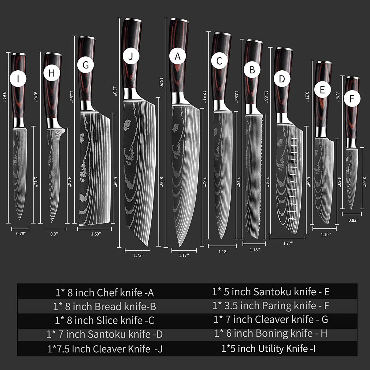 10 Pc Damascus Stainless Steel Knife Set S145