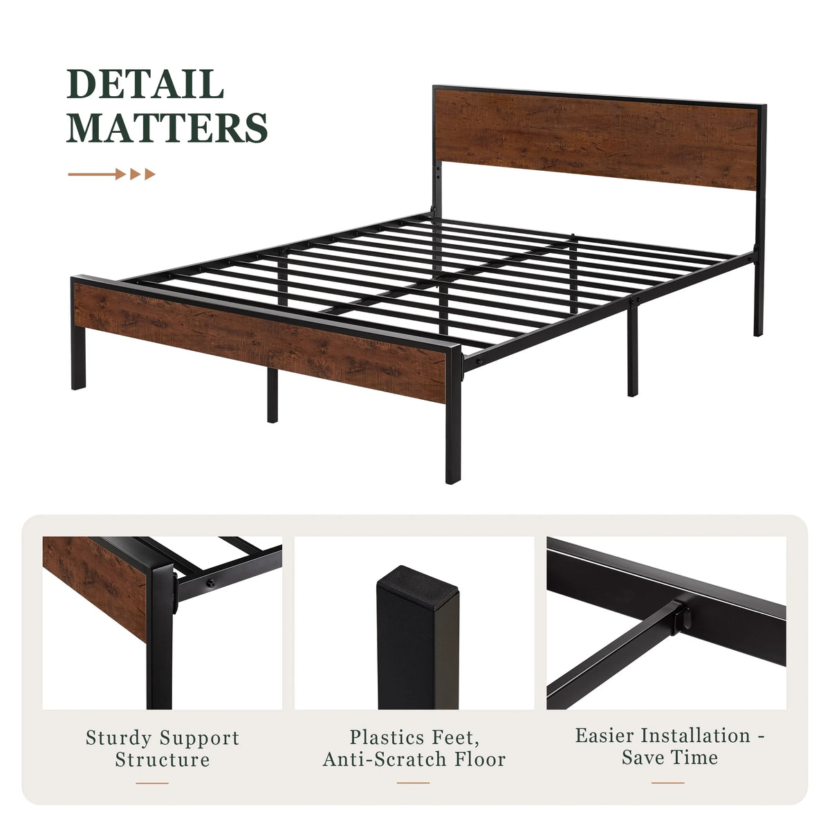 Heavy Duty Full Size Platform Bed Frame with Wood Headboard K238999