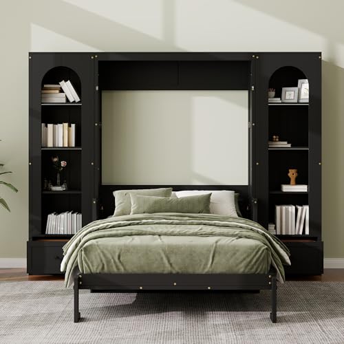 White Queen Size Wood Murphy Bed with Desk and Storage F695