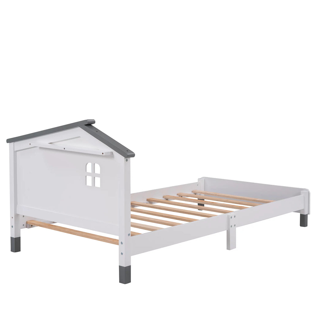 Twin Size Wood Platform Bed with House-Shaped Headboard I8564