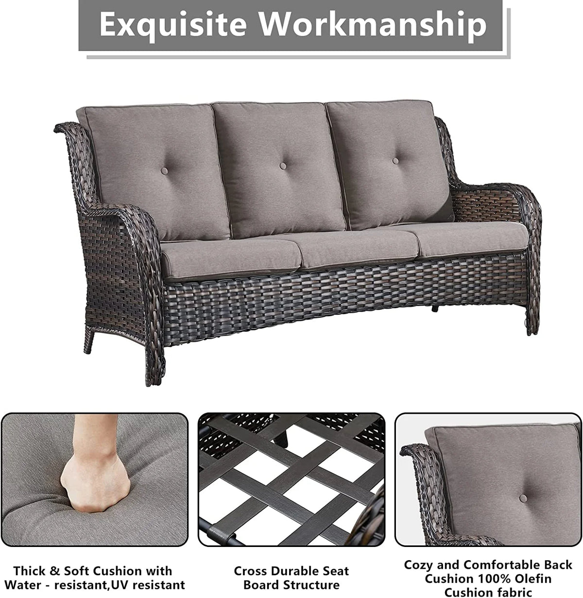 5 Piece Patio Rattan Sectional Sofa Set with 3-Seat Couch 2 Armchairs 2 Ottoman Footrests U8812
