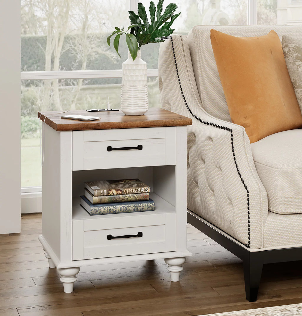 White and Brown Nightstand with Charging Station and Drawer Z8194