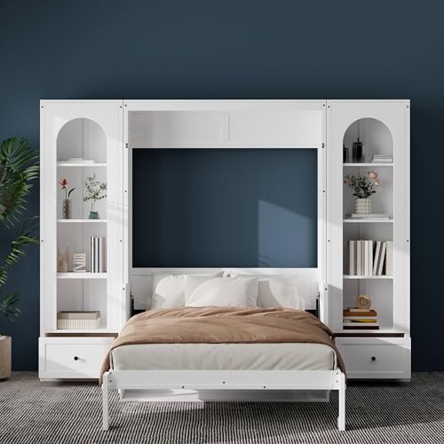 White Queen Size Wood Murphy Bed with Desk and Storage F695