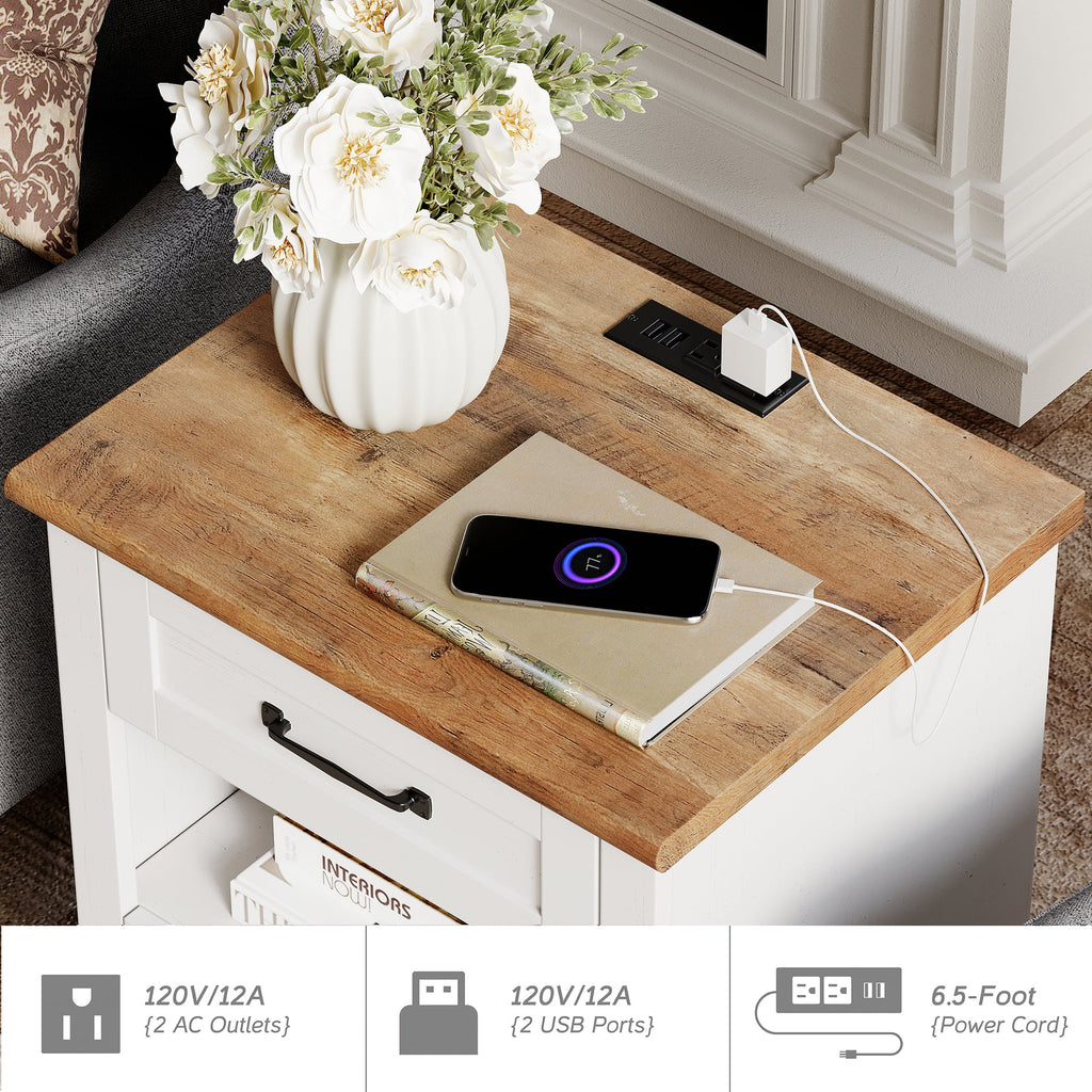 White and Brown Nightstand with Charging Station and Drawer Z8194