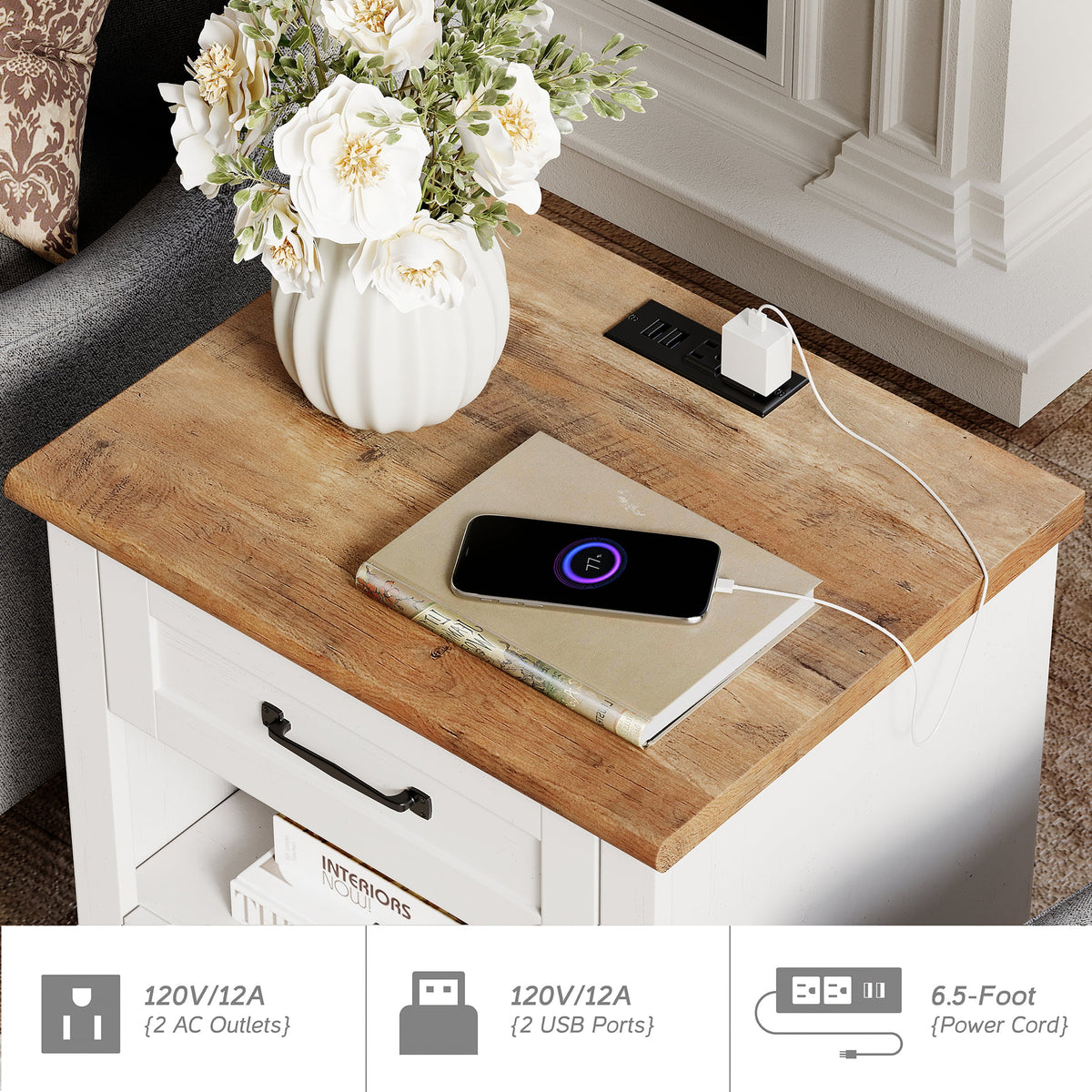 White and Brown Nightstand with Charging Station and Drawer Z8194