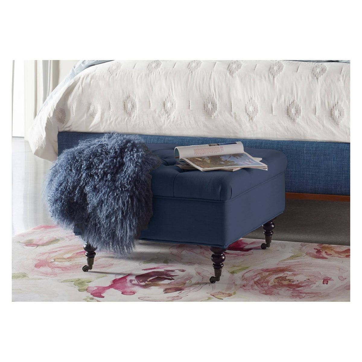 Blue Tufted Storage Ottoman with Casters U11016