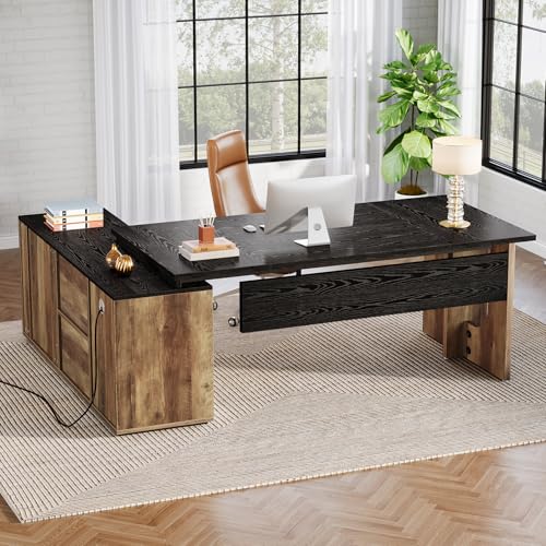 74.8" L Shaped Computer Desk with Shelves and CPU Storage, Black and Brown I1544