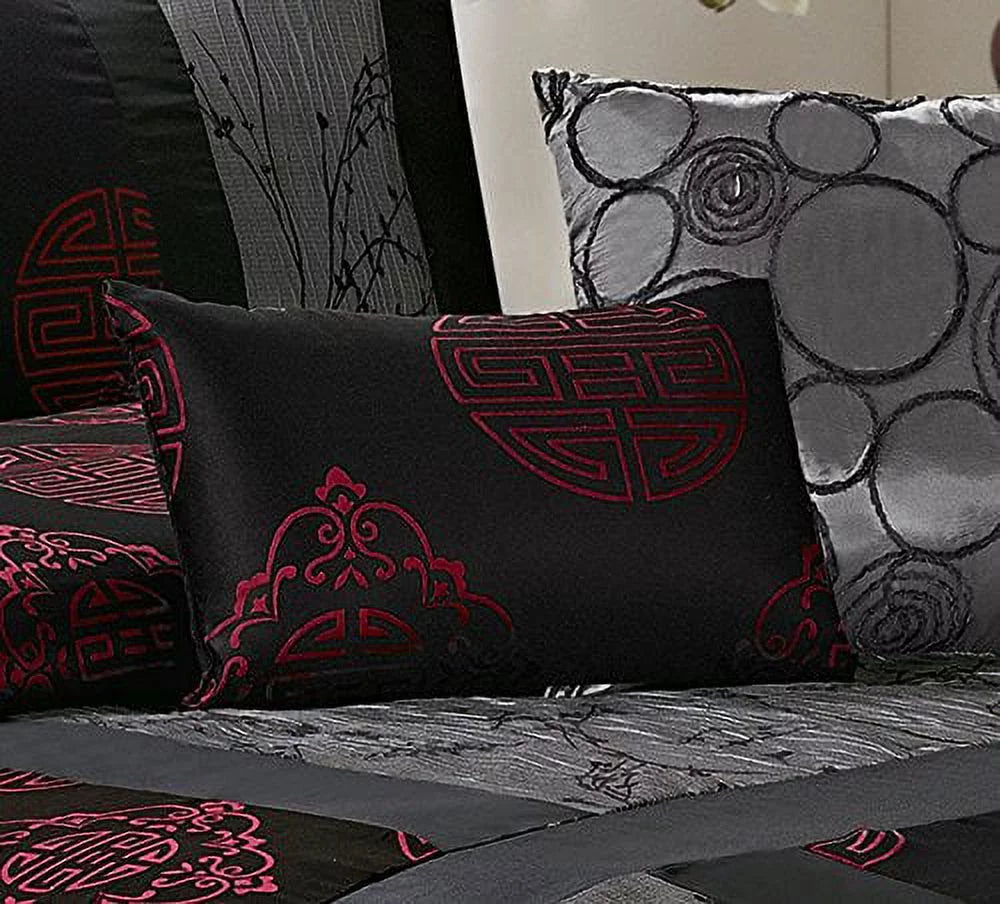 7 Piece Queen Gray/Red Jacquard Comforter Set P716