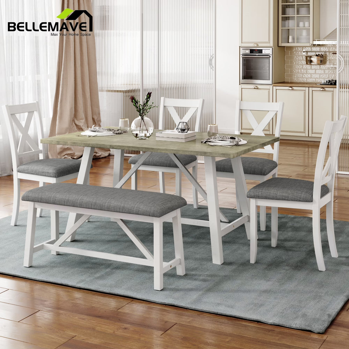 White 6 Piece Wood Counter Height Dining Table Set with 4 Chairs and a Bench R306