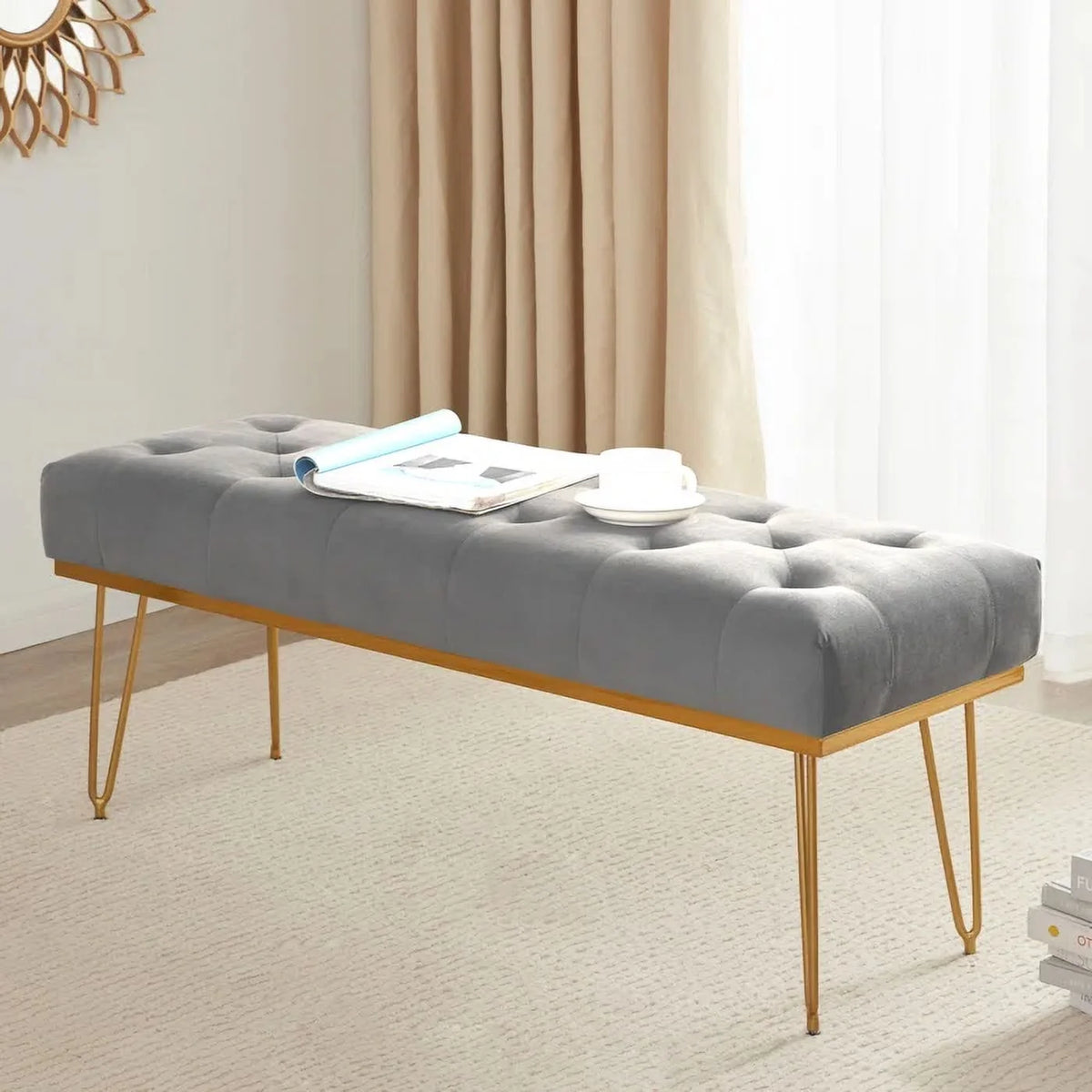 Gray and Golden Velvet Ottoman with Metal Base P714841