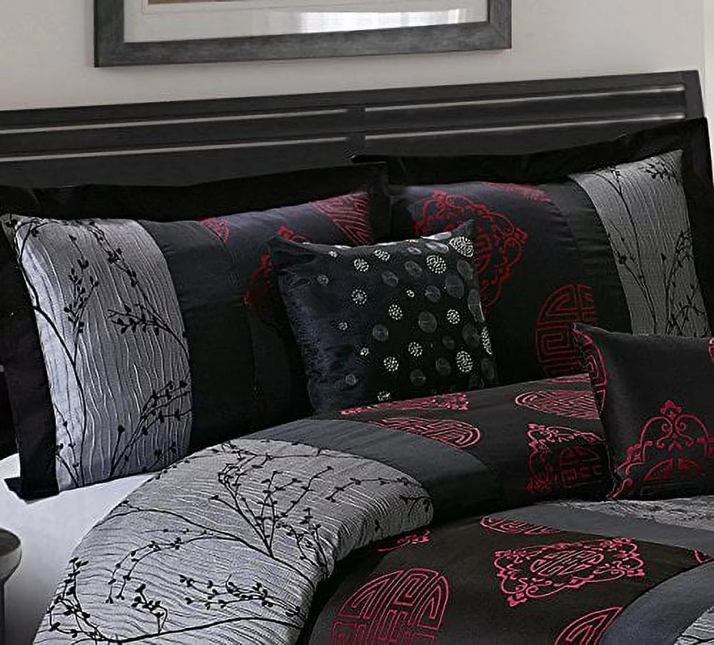 7 Piece Queen Gray/Red Jacquard Comforter Set P716