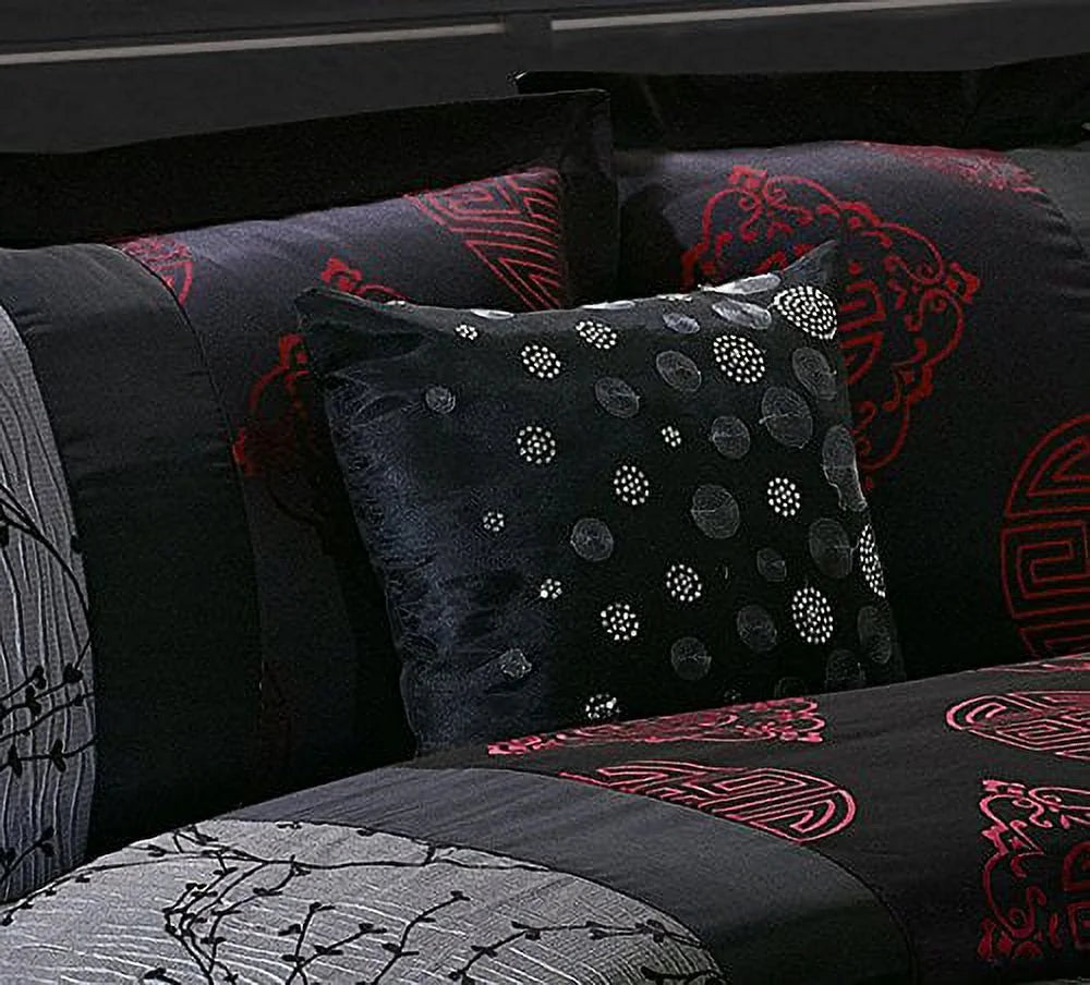 7 Piece Queen Gray/Red Jacquard Comforter Set P716