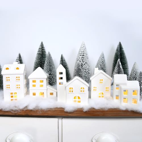 5 Pcs White Houses & 9 Pcs Trees & Fake Snow Ceramic Christmas Village Decorations H50005