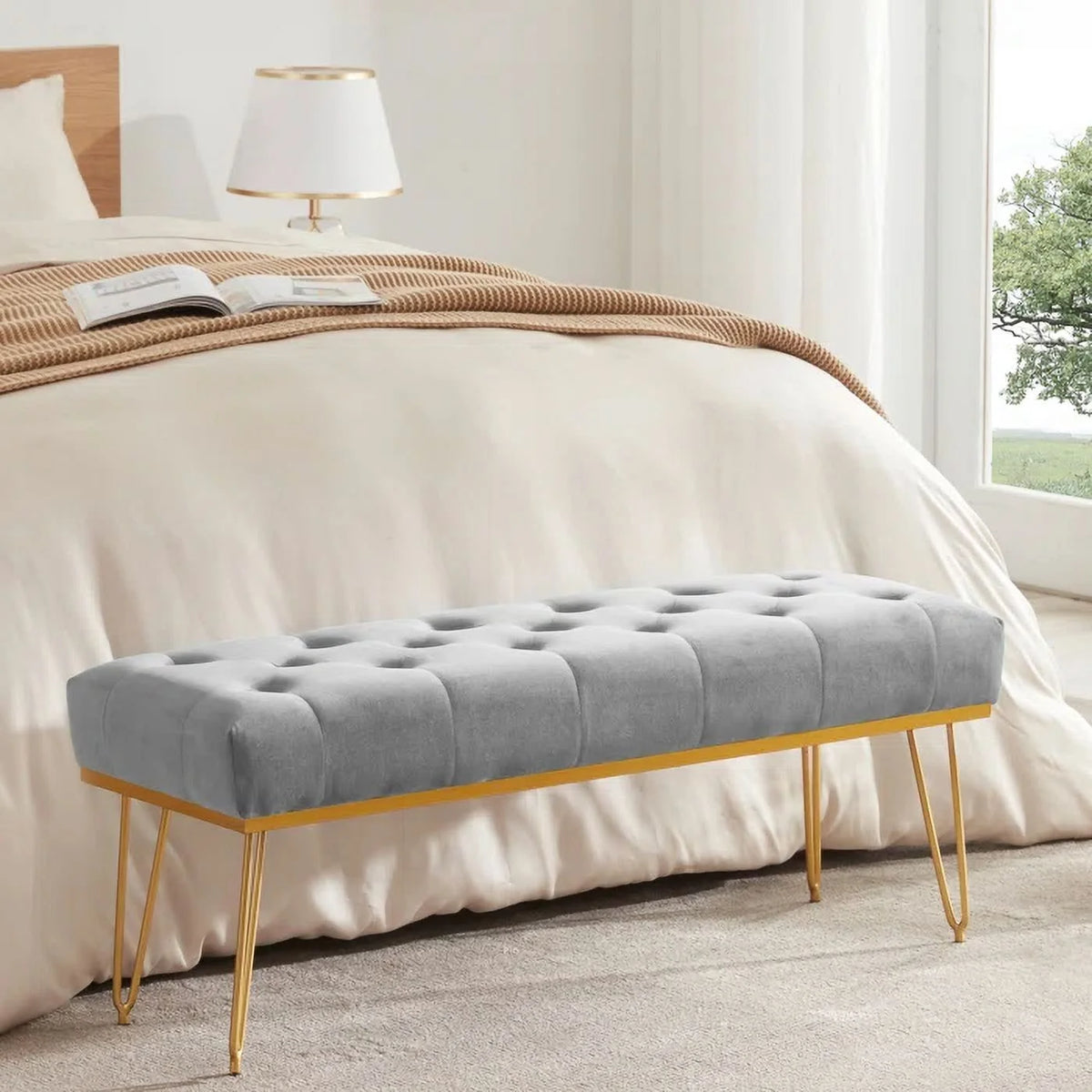 Gray and Golden Velvet Ottoman with Metal Base P714841