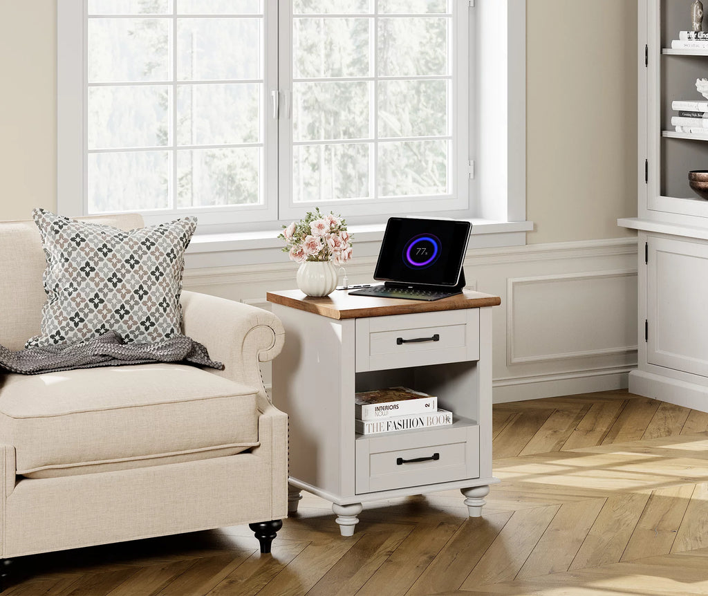 White and Brown Nightstand with Charging Station and Drawer Z8194