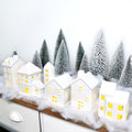 5 Pcs White Houses & 9 Pcs Trees & Fake Snow Ceramic Christmas Village Decorations H50005