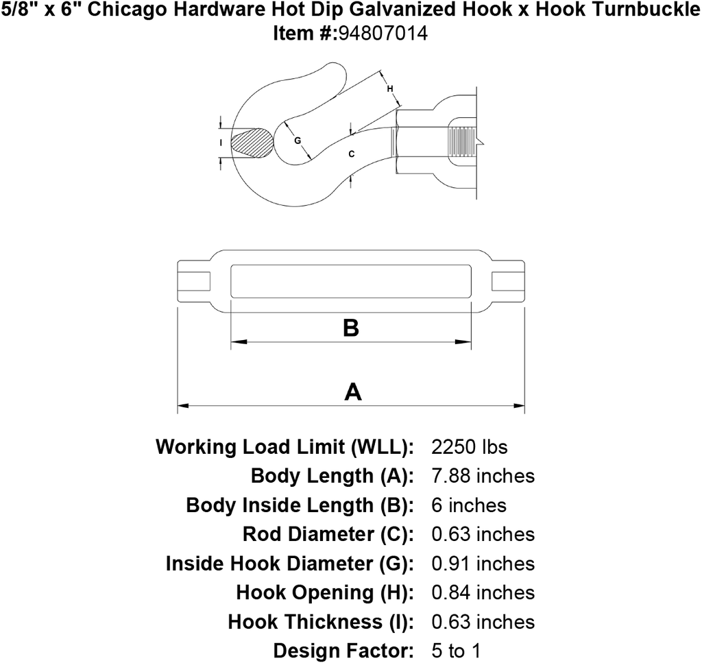 5/8 x 6 Hot Dip Galvanized Hook x Hook Turnbuckle R1654