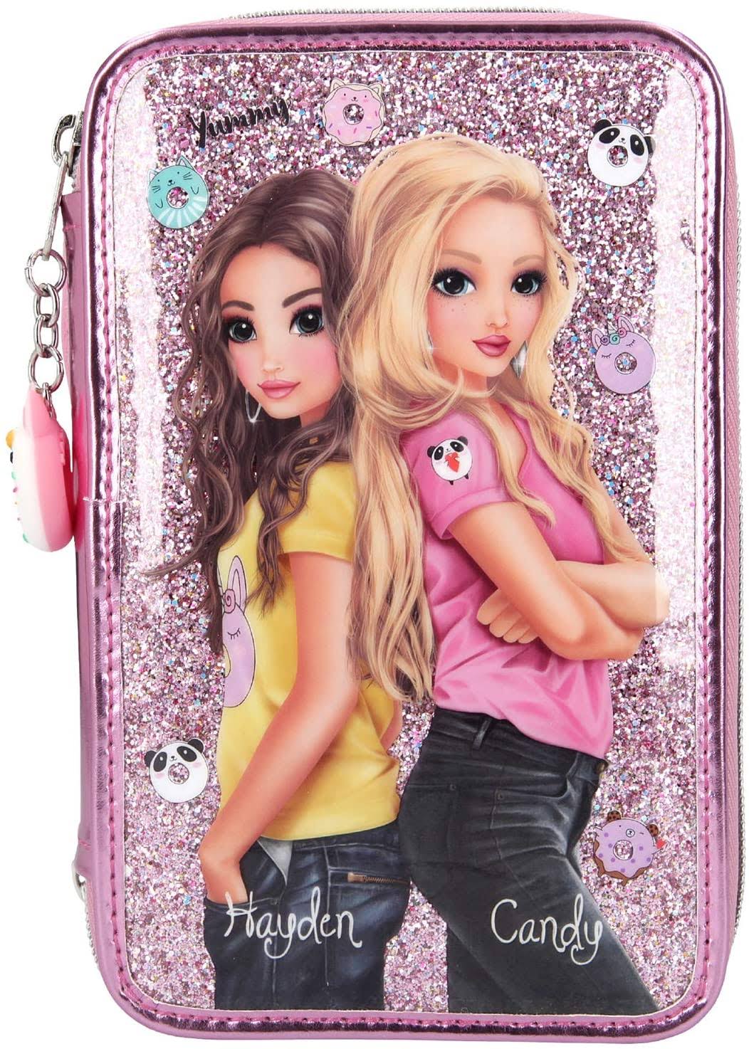 Pink Pencil Case with 3 Zips and Pens L8189