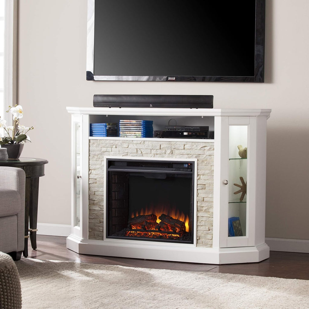 Fresh White Faux Stone Electric Media Storage Corner Fireplace P555