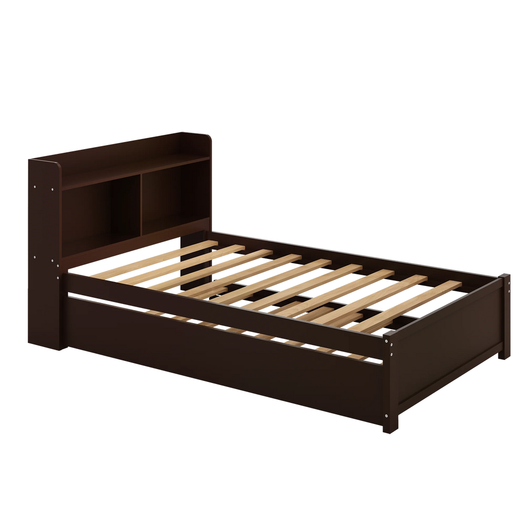 Twin Bed Frame with Trundle and Storage Bookcase, Solid Wood, Espresso Q31391