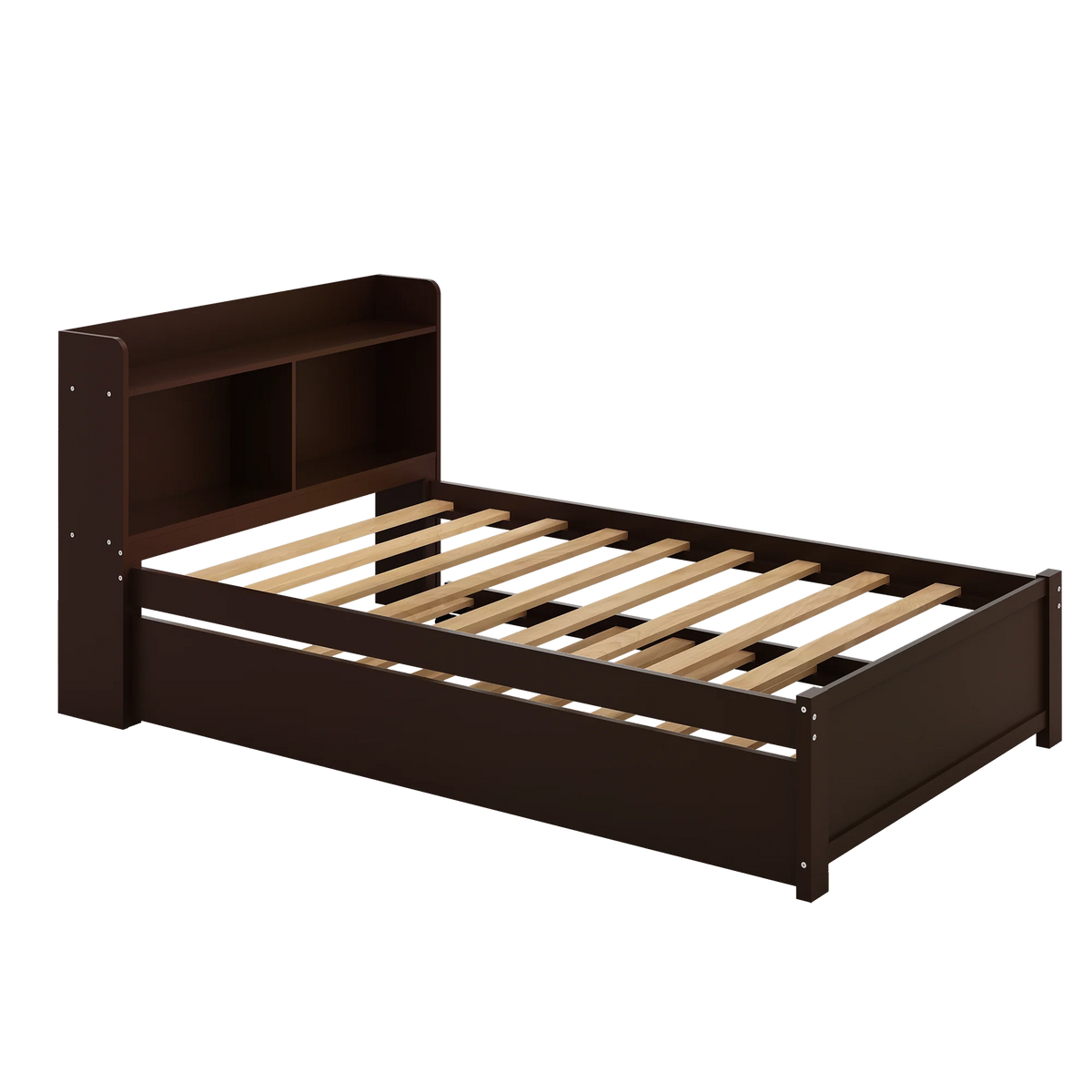 Twin Bed Frame with Trundle and Storage Bookcase, Solid Wood, Espresso Q31391