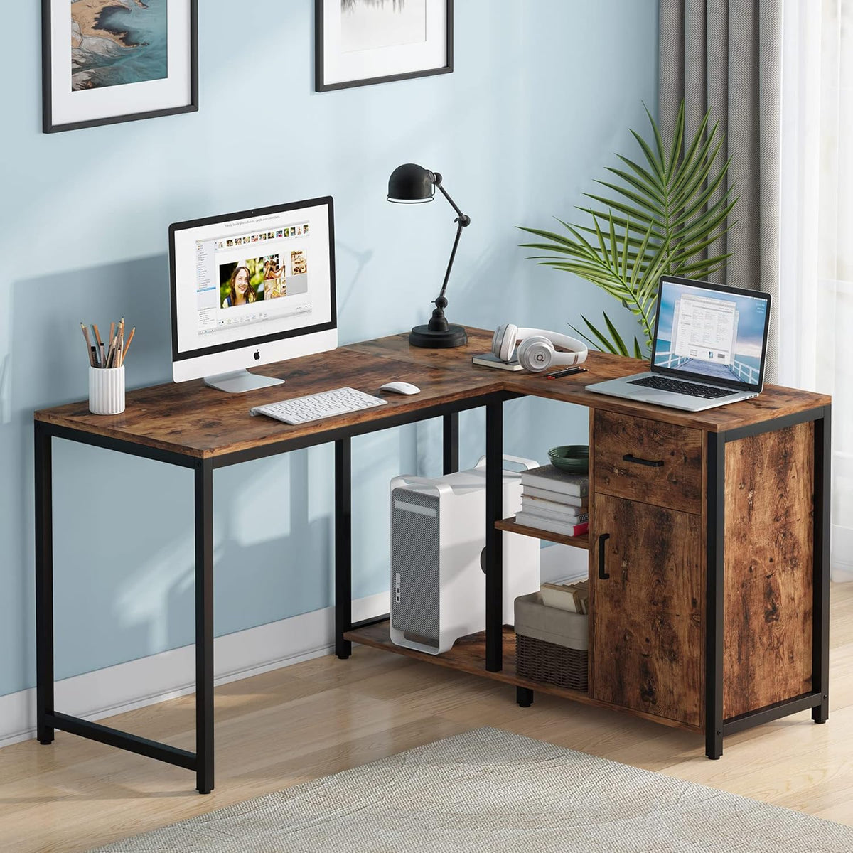 Brown L Shaped Desk with Drawer Cabinet and Storage Shelves F1005