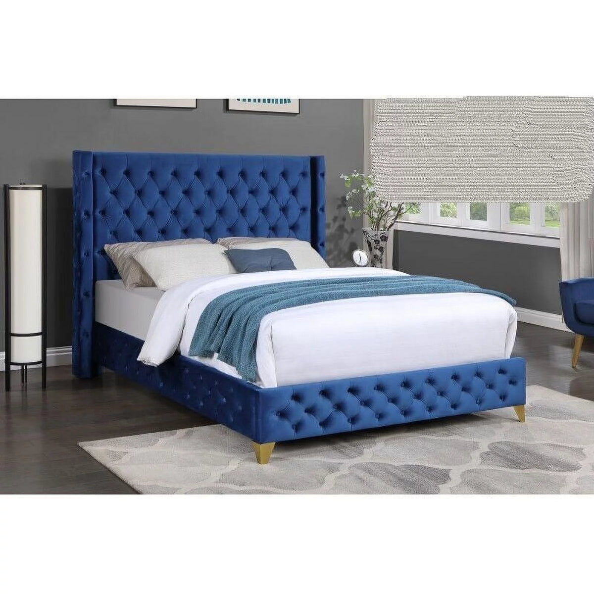 Blue Velvet Upholstered King Size Platform Bed I705142