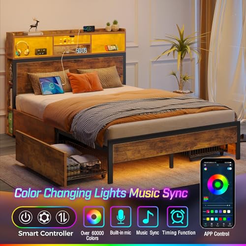 Queen Bed Frame with Storage, 4 Drawer, USB Charging Station, LED Lights, Bookcase Headboard, Black M1663