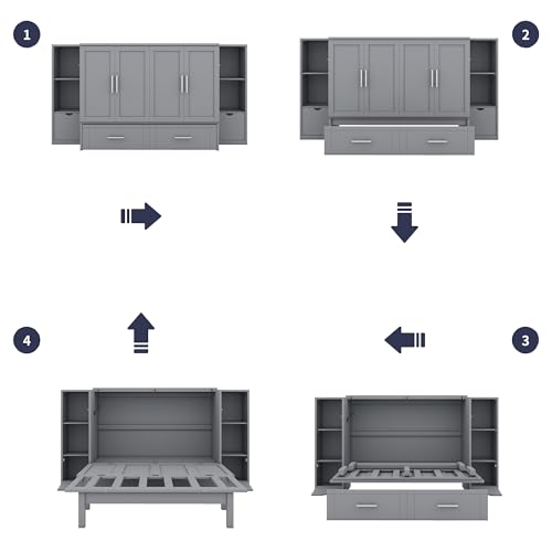 White Solid Wood Murphy Bed with Bookcase and Drawers K5829