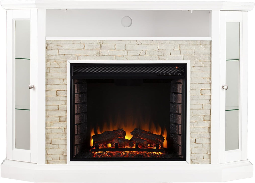 Fresh White Faux Stone Electric Media Storage Corner Fireplace P555