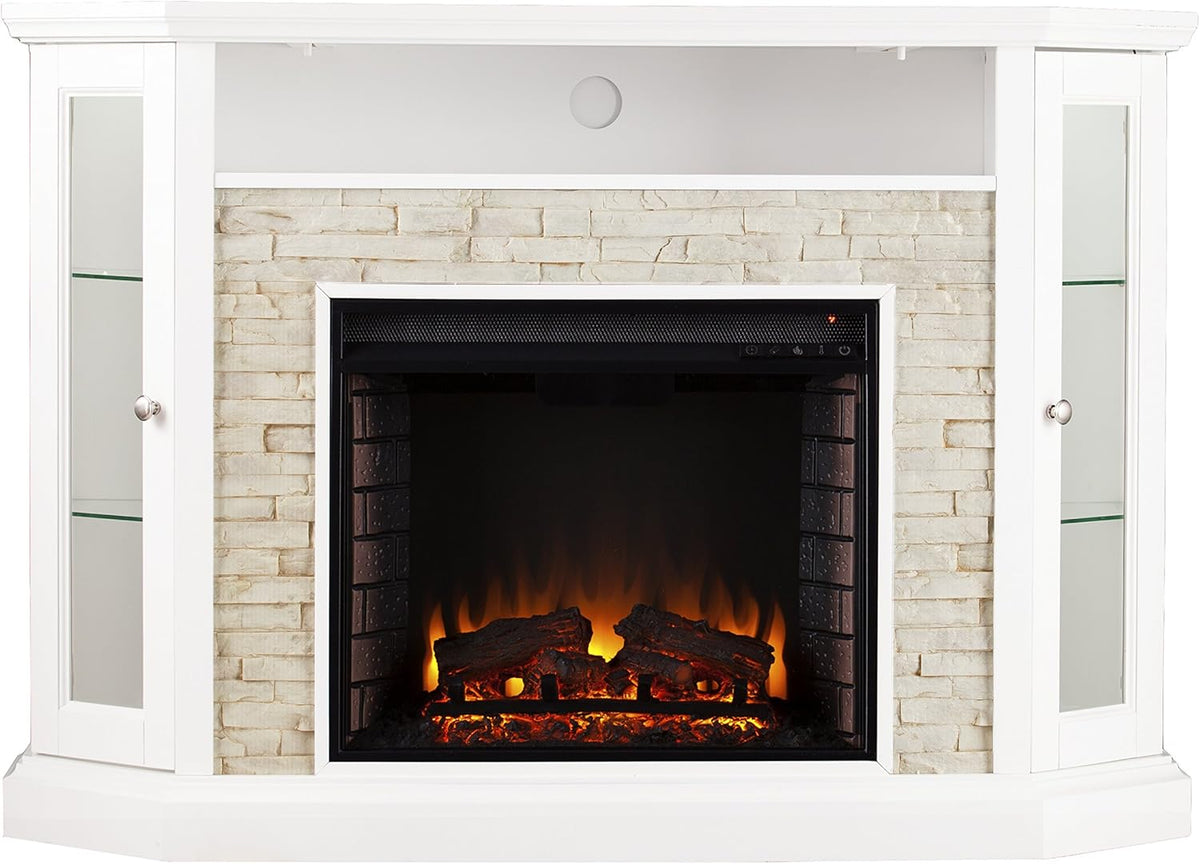 Fresh White Faux Stone Electric Media Storage Corner Fireplace P555