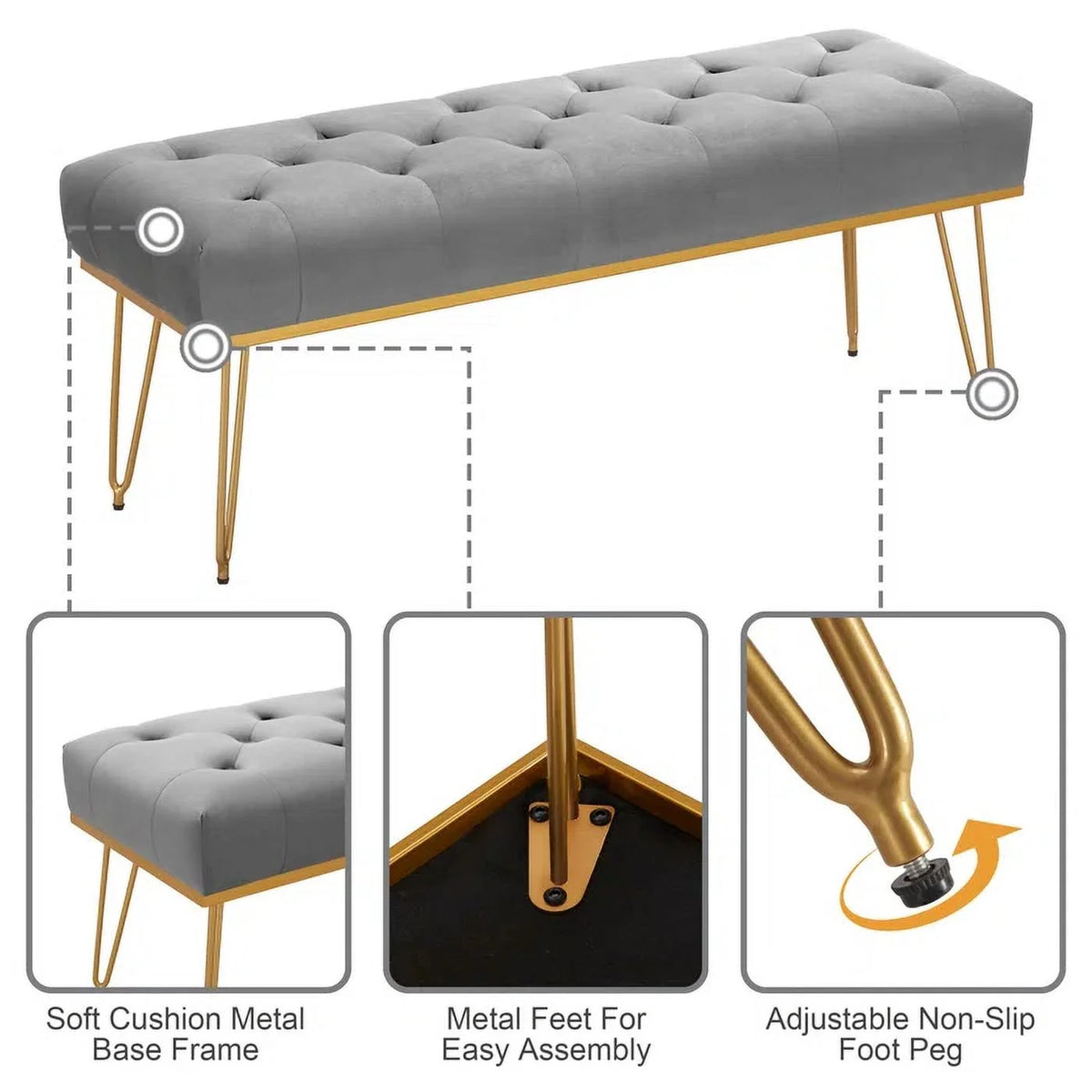 Gray and Golden Velvet Ottoman with Metal Base P714841